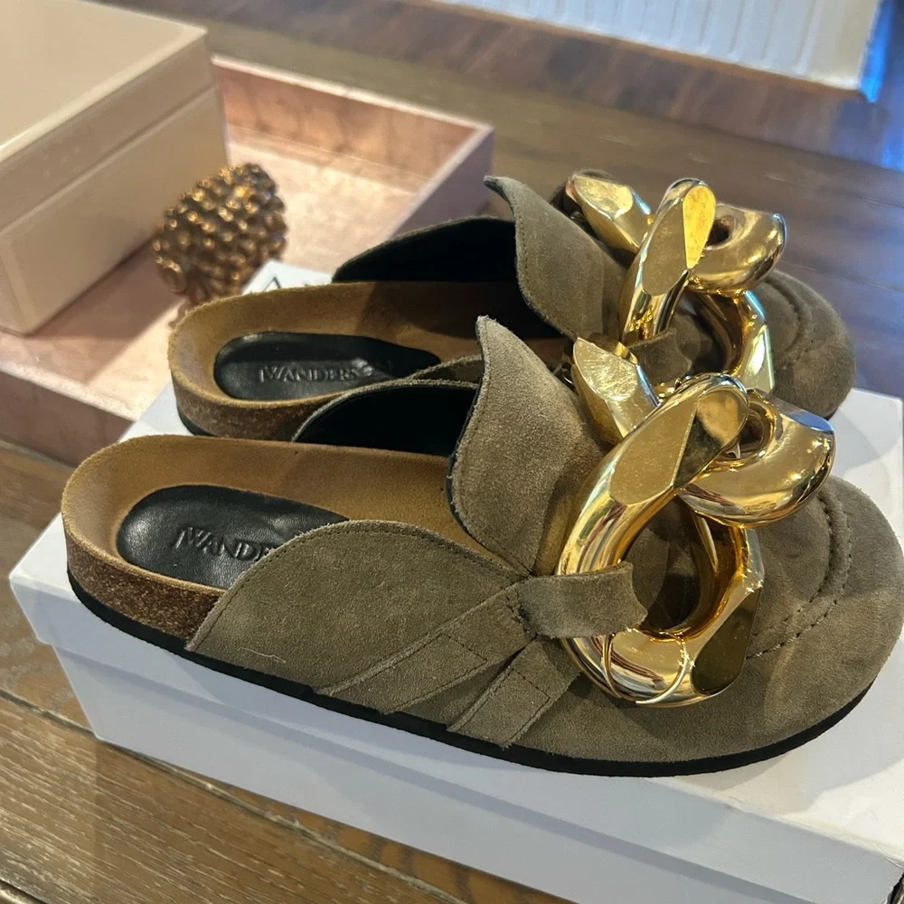 JW ANDERSON Olive Green Suede Mules with Gold Chain - Picture 2 of 5